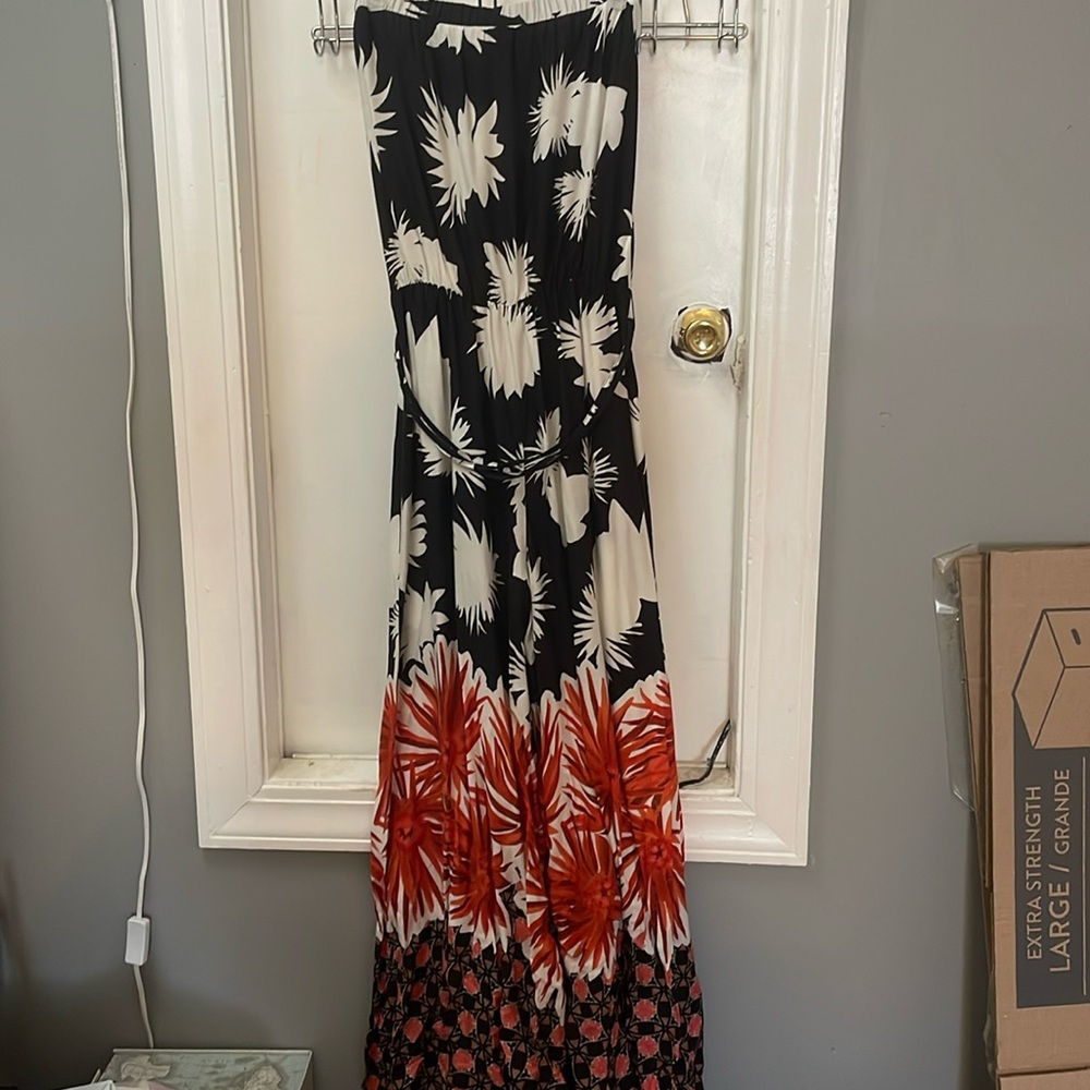 Orange, Black, And White Patterned Strapless Jump… - image 2